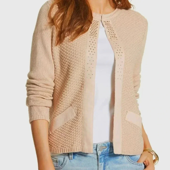 Chico's Embellished Metallic Open Front Knit Cardigan Sweater Women Size L Pink - Picture 2 of 16